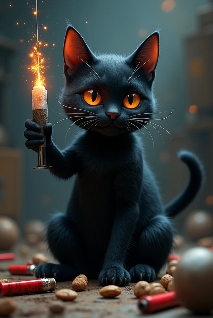 a cat with a medical syringe, explosives , bombi , Nuts , black fur