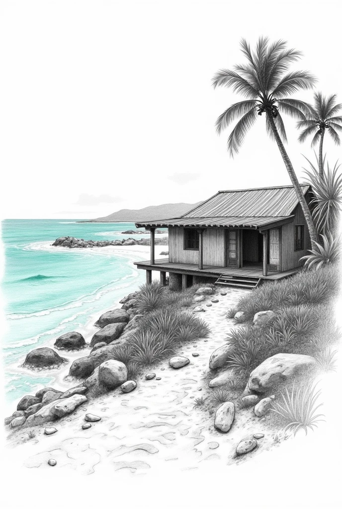 Create a freehand pencil sketch of a house on the coast of Quintana Roo 