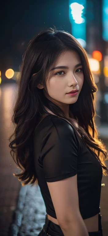1girl,solo,long hair,Rough skin,(looking at viewer:1.2),wet hair,micro_shorts,dark,polaroid,(depth_of_field:1.5),rainy days,outdoors,street,hair between eyes,moody lighting,Tyndall effect,Cinematic Lighting,night,lamppost,lens flare,available light,rim light,glowing neon lights,curvy,chinese_style,