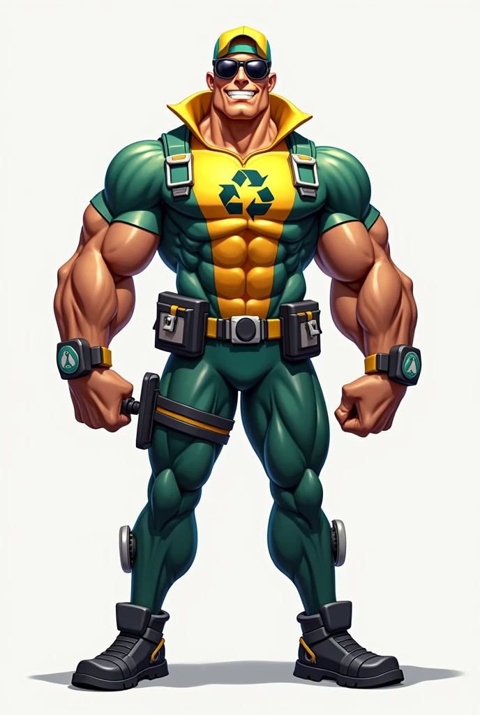 Recifit is a muscular character with a superhero appearance. He has an athletic build and an imposing height.. Wear a garbage collector suit with a modern and colorful design, with a recycling logo on the chest. He has sunglasses and a cap to complete his look..
*Personality:* Recifit is a passionate character dedicated to protecting the environment and promoting fitness.. He is a hero who fights against pollution and lack of physical activity.. He is friendly, motivating and fun.