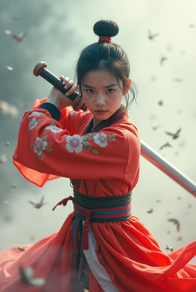 the girl is wielding a sword in the background, in the style of xiaofei yue, ethereal images, light white and red, colorful costumes, movie still, weathercore, dynamic and action-packed --ar 1:2 --stylize 750 --v 6