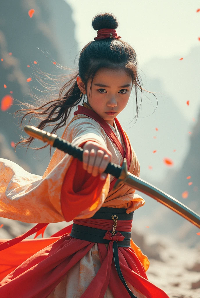the girl is wielding a sword in the background, in the style of xiaofei yue, ethereal images, light white and red, colorful costumes, movie still, weathercore, dynamic and action-packed --ar 1:2 --stylize 750 --v 6