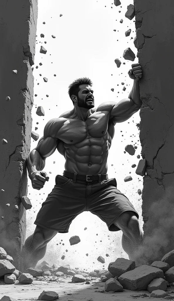 A powerful image of a person breaking through a large wall with sheer determination, symbolizing inner strength overcoming any obstacle.