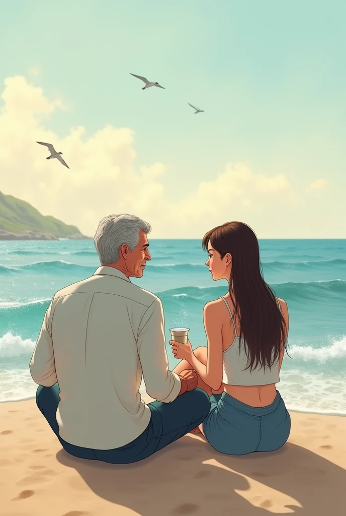 A girl and a man together sit at the seaside drinking