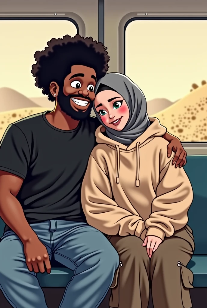 (hand drawing, outlining, flat style, vector art), 2d Drawing of a happy couple sitting next to each other in a train, funny looking black guy, curly black hair, happy fat guy with his gorgeous girlfriend, white girl, girl looking absolutely gorgeous, girl wearing grey hijab, beautiful girl, detailed eyes of girl, girls head on guys shoulder, guy wearing black t-shirt and jeans, girl wearing oversized beige sweatshirt, baggy beige cargo pants 