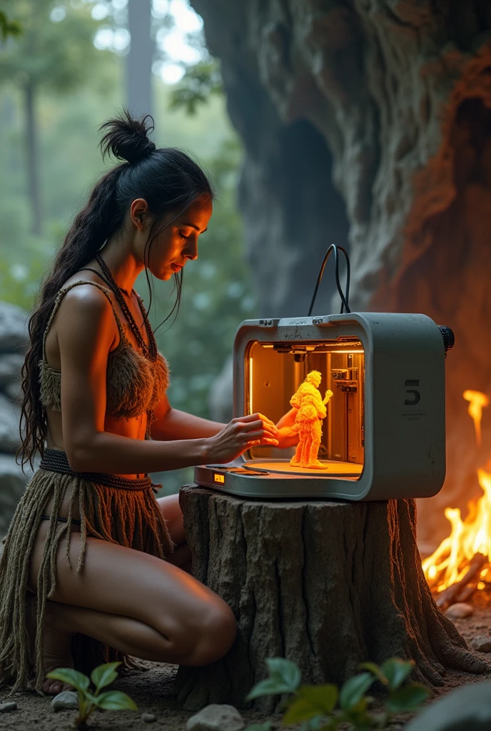 A realistic photo of a primitive female cave dweller operating a 3D resin printer in which his miniature is printed. The 3D resin printer is placed on a stump. There is a hearth next to the 3D printer, in which a fire burns. The background reveals a prehistoric setting with trees and rocks."