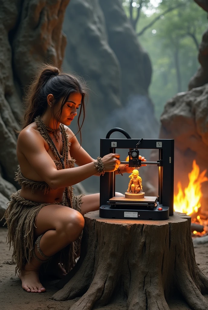 A realistic photo of a primitive female cave dweller operating a 3D resin printer in which his miniature is printed. The 3D resin printer is placed on a stump. There is a hearth next to the 3D printer, in which a fire burns. The background reveals a prehistoric setting with trees and rocks."