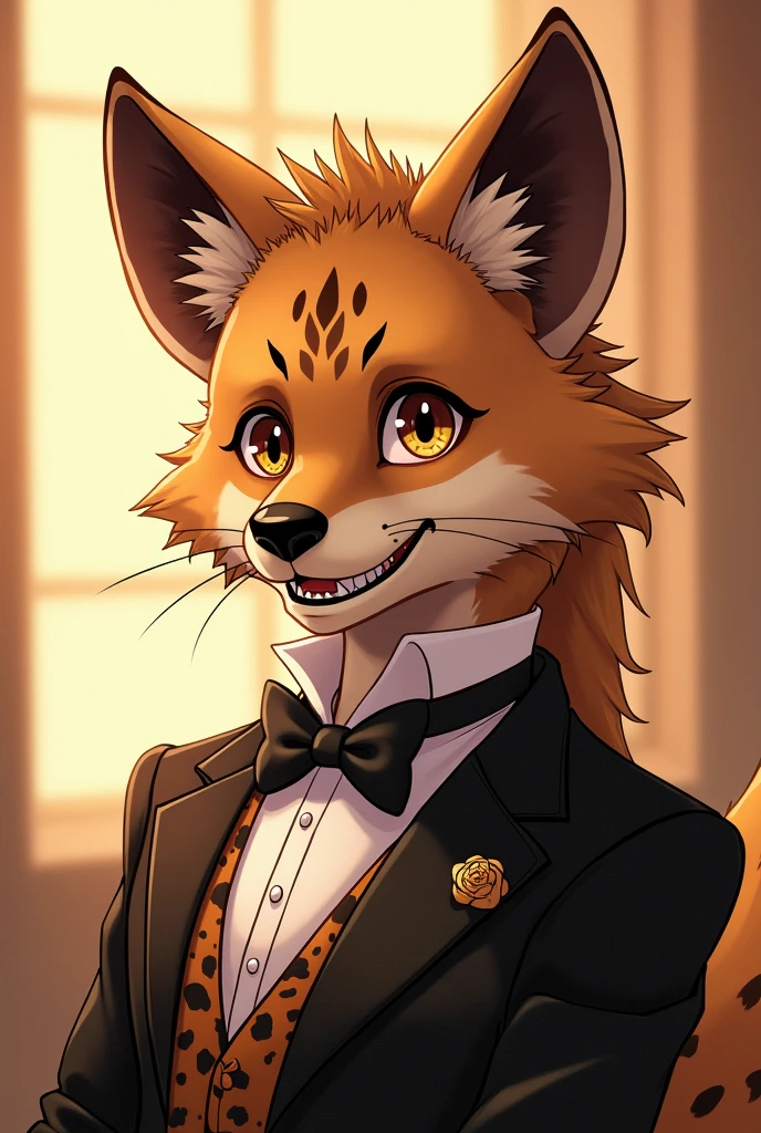 Anime-style masterpiece, male anthropomorphic hyena gentleman, captivating headbust featuring plush character design, elegantly groomed fur with rich tawny and black spots, smooth contours of the face framed by soft, flowing hair, bright amber eyes radiating warmth and charisma, wide, friendly grin playful fangs, attire consisting of a stylishly tailored vest adorned with intricate patterns reminiscent of Victorian elegance, crisp white collar peeking from beneath, accented with a charming bowtie adding a touch of whimsy, background lightly blurred to maintain focus on the gentleman hyena, warm and inviting color palette of sunny browns and rich golds enhancing the character’s lively persona, high-contrast shading to create depth, delicate highlights that define the soft texture of fur, energetic vibrancy typical of anime art style, composition centered around the hyena's expressive features, exuding a blend of sophistication and playful charm, digital illustration executed with smooth line work and vibrant color transitions, blending traditional and modern anime techniques seamlessly, creating an engaging presence that invites viewers into a whimsical world of anthropomorphic elegance, designed for a high-resolution visual impact