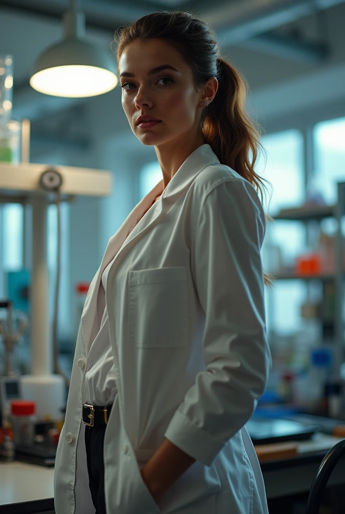 Female, One, 30s, White skin, Pretty face, Happy face, Brown hair, Medium hair, Straight hair, Brown eye color, Bun, Physics scientist, Full body, Dynamic angle, Side view, Standing, Physics laboratory, Daylight.bun ponytail, sexy glamour.