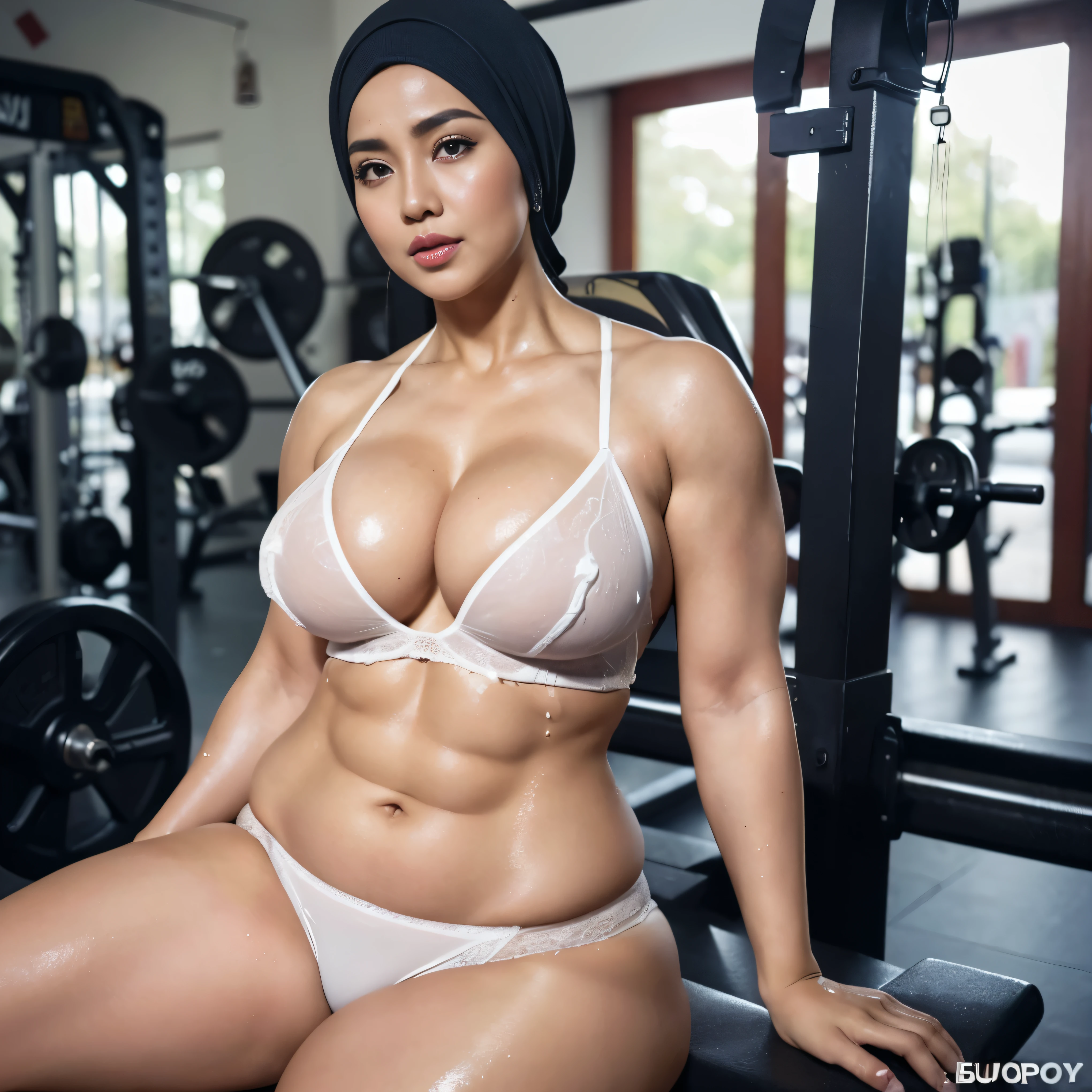 4, Sugar Mama, Beauty Hijab Indonesian MILF, ((Busty Bodybuilder)), ((Sensual Lips)), (wet white Skin), ((Droopiest Massive Large  : 1.4)), Lingerie, Polish Nail and face, Full body, ((Curvy Body)), Breast about To burst out, Realistic Detailed Perfect abs, at Gym Place, Dark light, at Day time