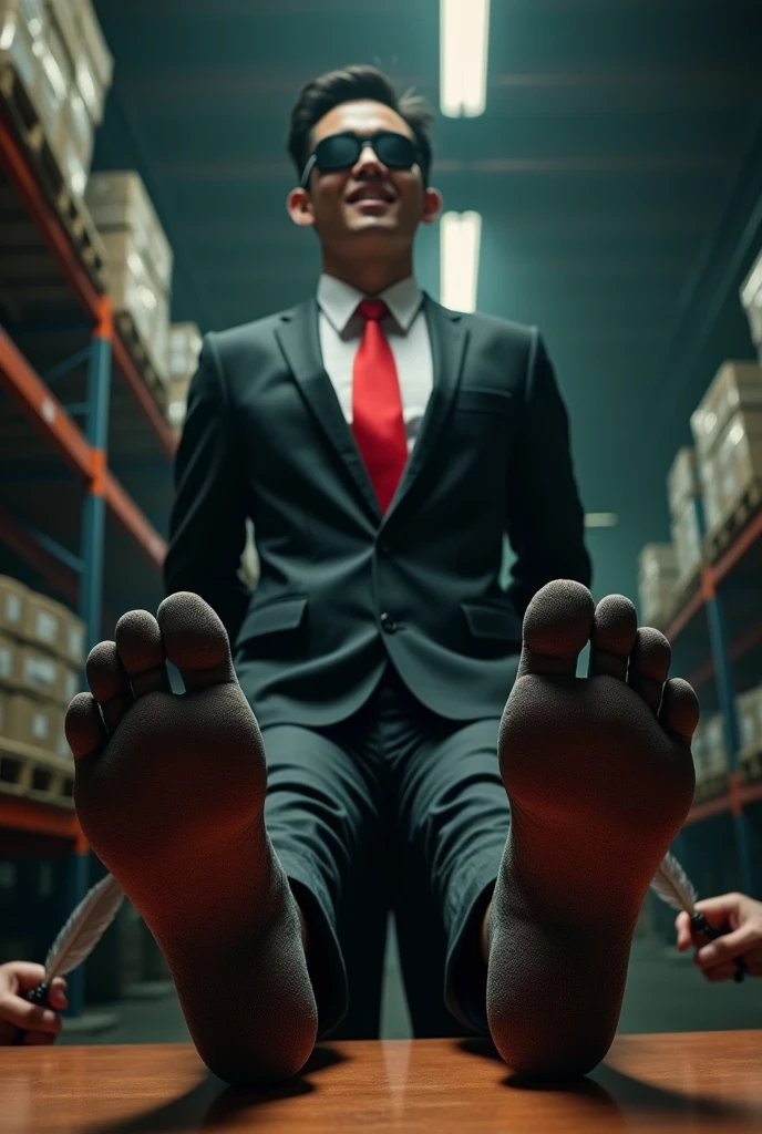 Malaysia malay handsome 19 years celebrity
His handcuff in warehouse
Blindfolded
Black Suit and Red tie
feet on desk
feather
shoes on desk
5 toes each feet
Black sock
Poison skull effect smelly sock
2 man under his feet
1 man take off his socks
1 man holding feather tickle his feet
He laugh very hard