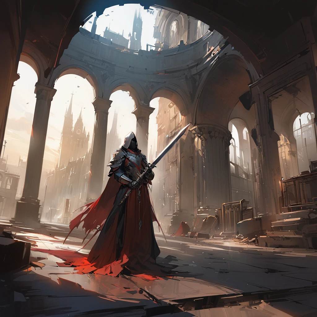 Arknight, Doctor,Knight in detailed silver armor with double-edged sword in right hand, volumetric light, oil painting, 16mm, low angle filmed around a large medieval hall with columns. Arte de Yoji Shinkawa, symmetrical Qireatár iris, approaching perfection, forma pura, minimalista, isometric, arte conceitual de Brian Froud, de Carne Griffiths, de Wadim Kashin, de John William Waterhouse, detalhes intrincados, 8k post production, high resolution, TanvirTamim, hiperdetalhado, trends in artstation, sharp focus, studio photo, detalhes intrincados, altamente detalhado, por greg rutkowski