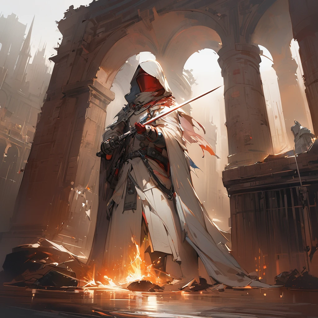 Arknight, Doctor,Knight in detailed silver armor with double-edged sword in right hand, volumetric light, oil painting, 16mm, low angle filmed around a large medieval hall with columns. Arte de Yoji Shinkawa, symmetrical Qireatár iris, approaching perfection, forma pura, minimalista, isometric, arte conceitual de Brian Froud, de Carne Griffiths, de Wadim Kashin, de John William Waterhouse, detalhes intrincados, 8k post production, high resolution, TanvirTamim, hiperdetalhado, trends in artstation, sharp focus, studio photo, detalhes intrincados, altamente detalhado, por greg rutkowski