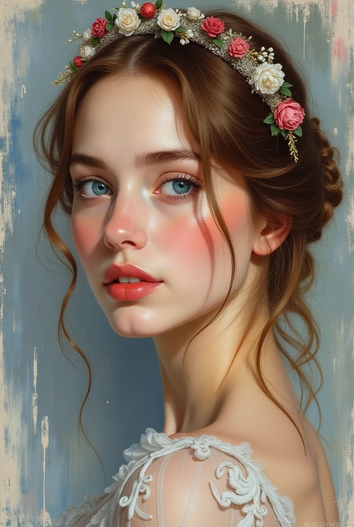 (8 K, Best quality, masterpiece: 1.2), (Best quality: 1.0), (ultra high resolution: 1.0), watercolor, beautiful woman, (shiny pupils,Blue pupils),shoulders, headband, Agnes Cecil, bust portrait, very bright design, pastel shades, Autumn fires, Moody Grey, severe style style Alexey Savlasov, Ivan Shishkin, Ilya Repin, (map retouching: 1.2), 2d, (oil painting: 1.2) very detailed