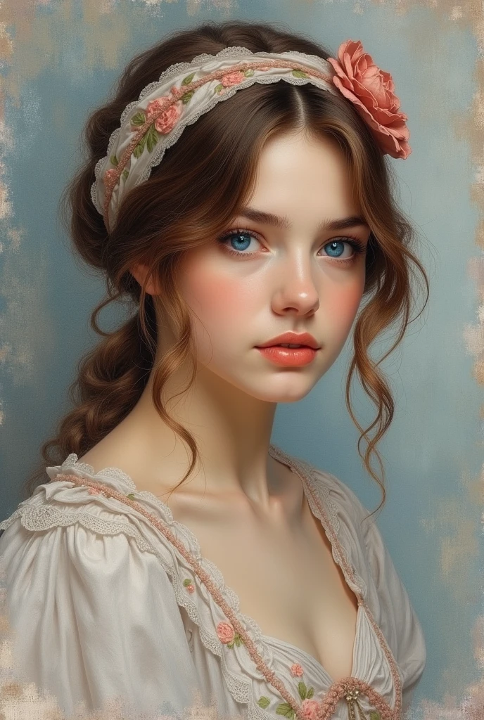 (8 K, Best quality, masterpiece: 1.2), (Best quality: 1.0), (ultra high resolution: 1.0), watercolor, beautiful woman, (shiny pupils,Blue pupils),shoulders, headband, Agnes Cecil, bust portrait, very bright design, pastel shades, Autumn fires, Moody Grey, severe style style Alexey Savlasov, Ivan Shishkin, Ilya Repin, (map retouching: 1.2), 2d, (oil painting: 1.2) very detailed