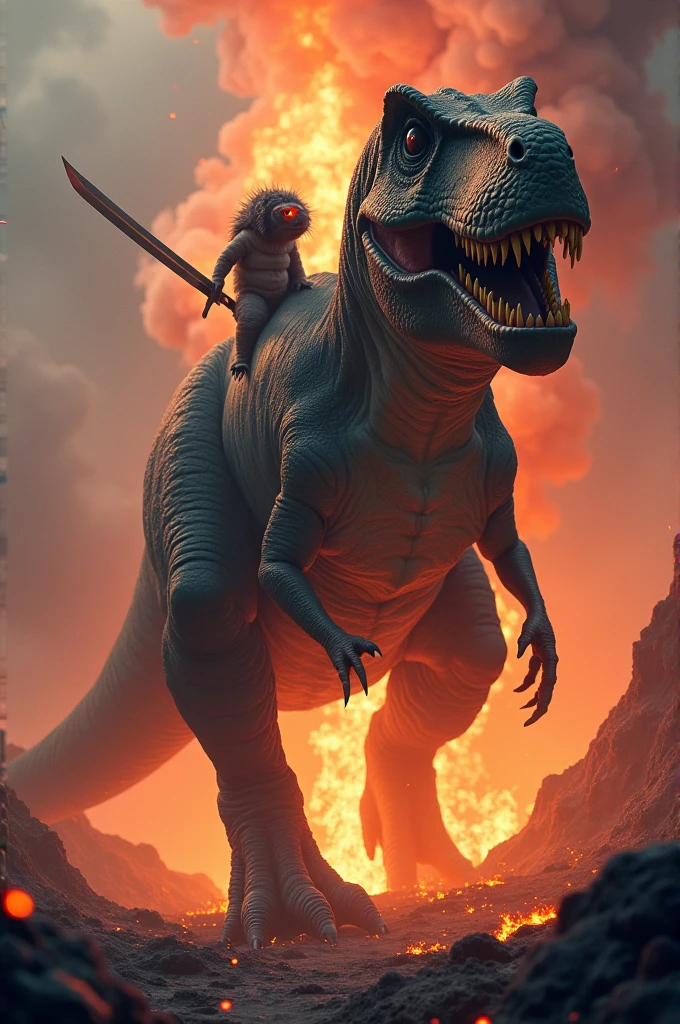 Imagine an epic and surreal scene: on top of an active volcano, with lava flowing and smoke rising into the sky, A giant tyrannosaurus moves forward with a firm step. On his back, a tardigrade, tiny compared to the dinosaur but with a surprising presence, wields a sword with determination. The volcano is erupting, with flames and ashes in the air, creating a dramatic background that accentuates the boldness of the scene. The scene combines the prehistoric majesty of the tyrannosaurus with the intrepid courage of the tardigrade., highlighting the bravery and contrast between both beings.