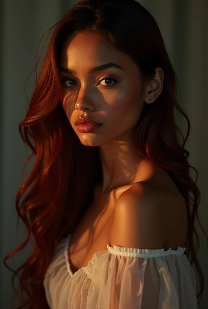 a beautiful young Ethiopian girl with long dark red hair, naked inside a see-through dress, front facing, with head to the side, high res, 8k, photorealistic, detailed facial features, mesmerizing eyes, luscious lips, flawless skin, elegant pose, dramatic lighting, moody atmosphere, rich color palette, cinematic composition