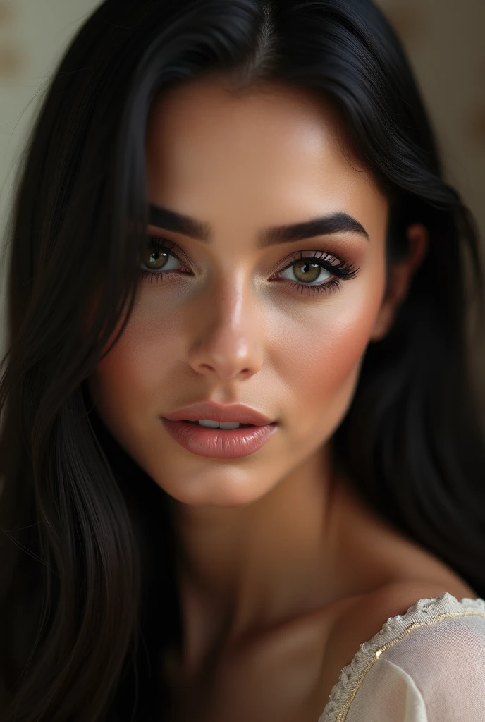 arabic woman, glamorous gaze, straight dark hair, long eyelashes, small nose, roundish-almond eyes shape, heart face shape, round eyebrows, hyper realistic, photorealistic, close up, studio lightening