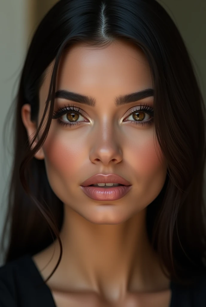 arabic woman, glamorous gaze, straight dark hair, long eyelashes, small nose, roundish-almond eyes shape, heart face shape, round eyebrows, hyper realistic, photorealistic, close up, studio lightening