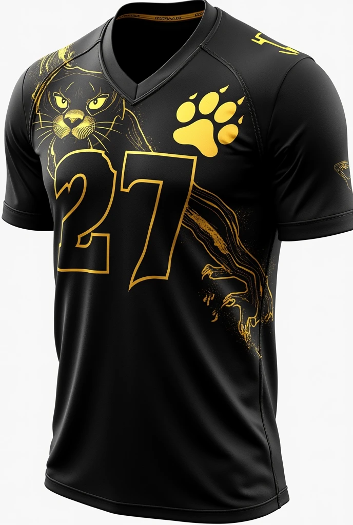 A high school sports jersey for an Olympic-themed event with a black base and a fierce golden panther design. The panther's silhouette is subtly integrated on the left side, with its eyes and claws highlighted in metallic gold. The player's number is centered in large, bold gold text. A panther paw print in gold is placed on the back, right below the collar, creating a dynamic and aggressive look.