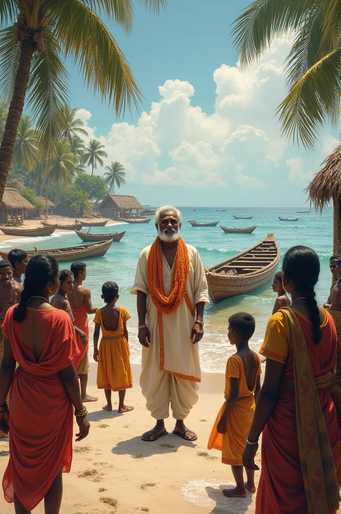 Ayyankali a Social Reformer in Kerala lived in early 19s. He came to the coastal area in Trivandrum and conducted meeting with the traditional fishermen. Seashore on background, lot of Kattamaran in beach, surrounded by coconut trees and small huts, fishwender womens- kids playing with the sand. Ayyankali dressed like a land lord. 