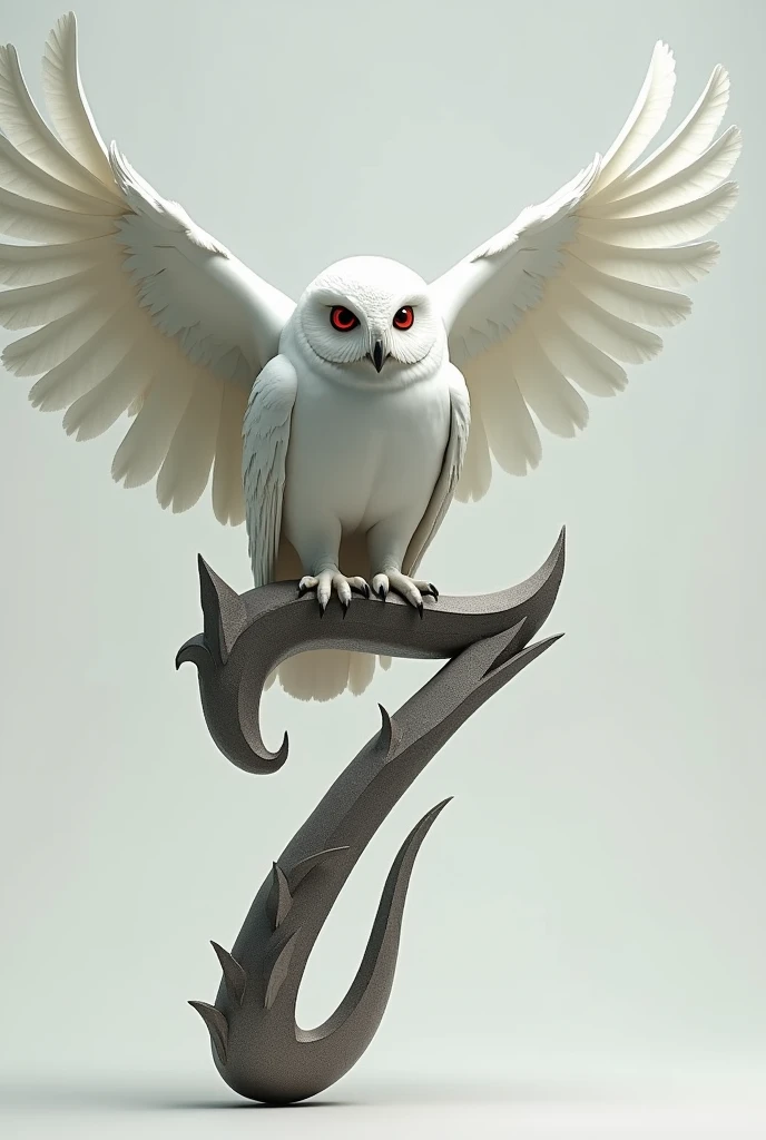 A white owl with red eyes on top of the letter Y and the number 7 with its wings spread