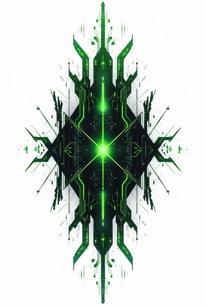 black and green tattoo that represents computer information and networks, just the design with a white background