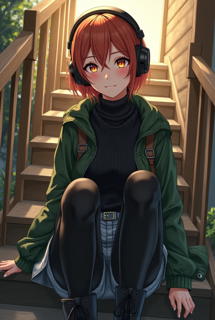 Anime-style illustration of Ellie Williams, gorgeous auburn hair gracefully framing a perfect face, expressive eyes sparkling with emotion, clad in a stylish ensemble, black Dr. Martens boots complementing her black leggings, grey skirt adding a soft contrast, green M65 jacket draped over a snug black funnel-neck sweater, all elements showcasing high-quality character design, sitting casually on rustic stairs, deeply immersed in music with headphones enveloping her ears, capturing a moment of tranquil solitude, vibrant colors enhancing the richness of her attire, harmonious blending of detailed textures and shading to bring out the fabric's qualities, warm sunlight filtering through, casting gentle highlights on her features, subtle reflections in her eyes depth of character, dynamic pose conveying relaxation juxtaposed with the intensity of the character’s emotional journey, intricate details in the staircase background ensuring focus remains on Ellie while providing context, anime aesthetic portraying her in an emotional yet relatable light, evoking connection with viewers, creating a masterpiece blending style, quality, and expression through vibrant imagery and masterful design techniques
