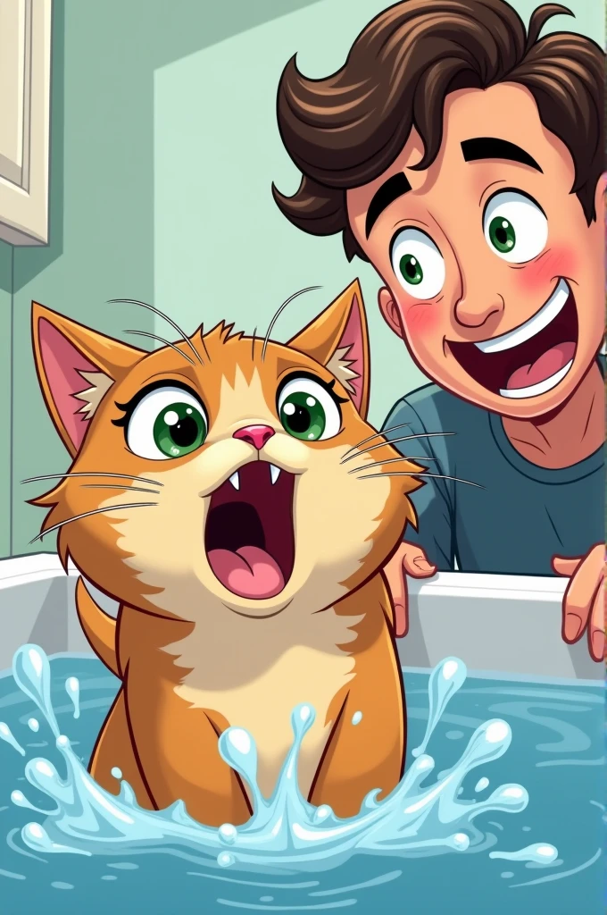 A cat afraid of water with wide eyes and his owner laughing his head off. His owner is a man with green eyes that are a little brown.