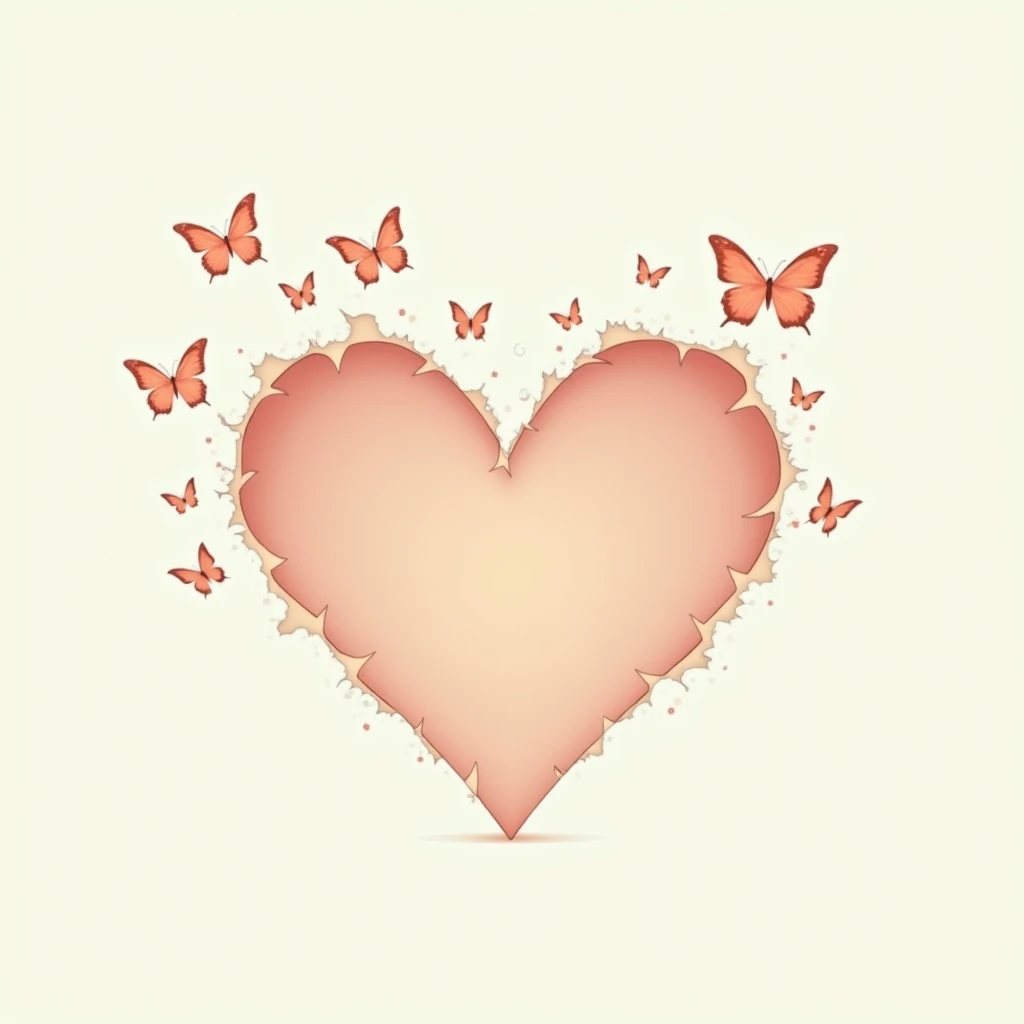 High resolution, masterpiece, detail, 高いdetail, A minimalist with a butterfly heart, Illustration, Decorative art, I see the heart、The edges of the heart turn into butterflies and crumble.