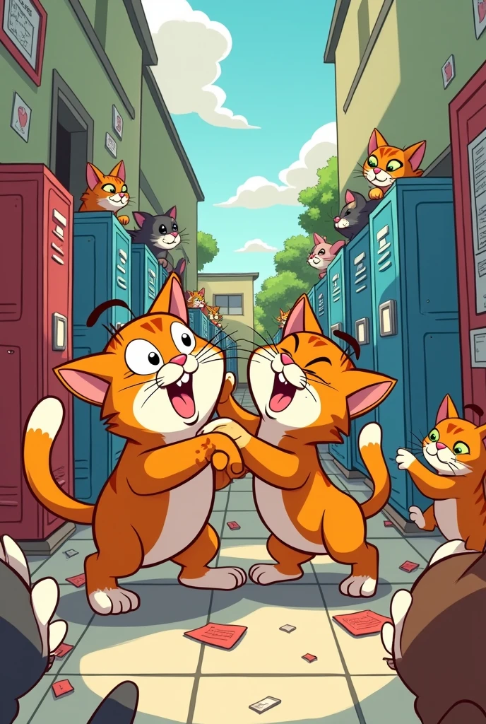 (cartoon style) cats fighting in a school, and around several student cats