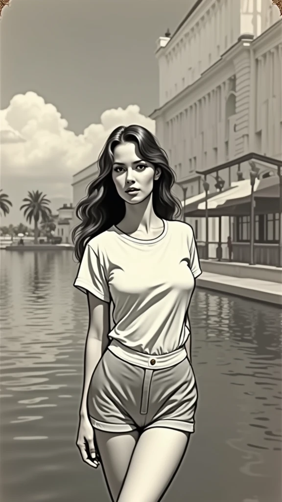 Retro Photography,((The style of American films in the 1990s)), (Extreme details ,Original Photography, best quality), (Exquisite light and shadow, Very dramatic picture, Movie lens effects),((Reality:1.3)),ung girl,Full body portrait,Perfect body,Stylish long hair,Beautiful face,Detailed eyes,Detailed face,Huge breaht T-shirt,Real skin texture,Long legs,mini skirt