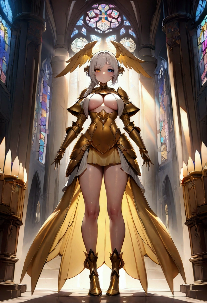 (masterpiece, best quality, highly detailed), 1girl, sarielx, heterochromia, braided ponytail, braided bangs, dramatic lighting, god rays, gold armor, underboob, gold skirt, gold boots, angel wings, head wings, cathedral, vitril, stained glass, standing, angel, wings