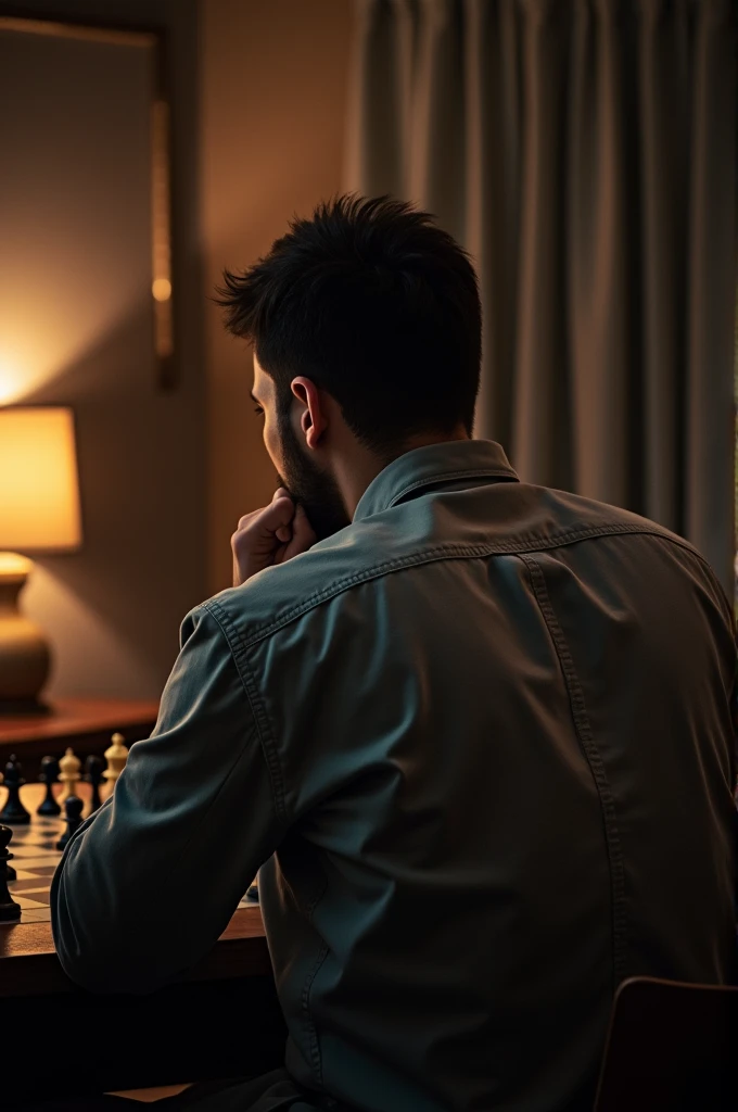 back side  photo of man who playing chess (behind head) 