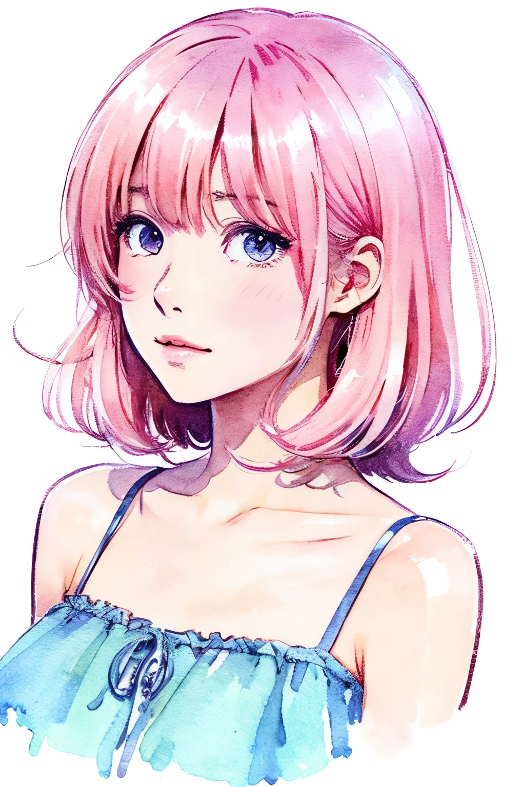 Watercolor、(Illustration style)、(Showa Anime)、Woman looking this way、(highest quality)、Stylish, detailed background、short length Hair, pink hair color, Japanese girl