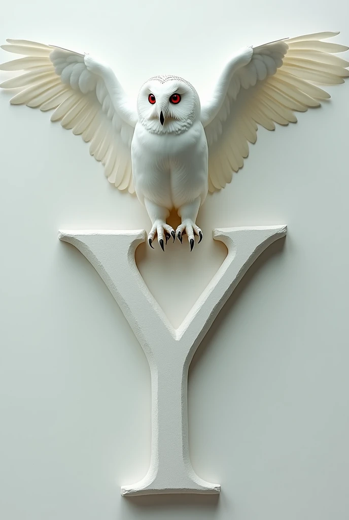 A white owl with red eyes on top of the letter Y and the number 7 with its wings spread