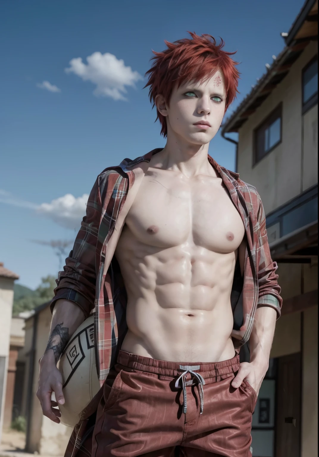 1male, gaara in anime naruto, short hair , red hair, green eyes, handsome, red clothes, detail clothes, outdoor background, ultra detail, realistic, shirtless, toned muscle, better clothes