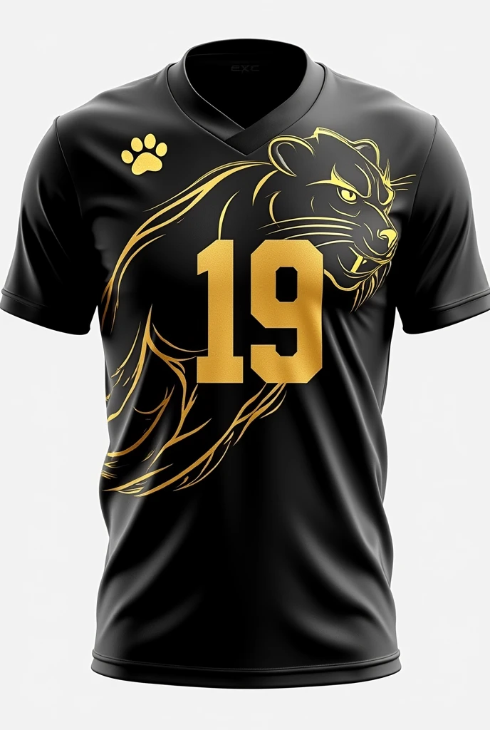 A high school sports jersey for an Olympic-themed event with a black base and a fierce golden panther design. The panther's silhouette is subtly integrated on the left side, with its eyes and claws highlighted in metallic gold. The player's number is centered in large, bold gold text. A panther paw print in gold is placed on the back, right below the collar, creating a dynamic and aggressive look.
