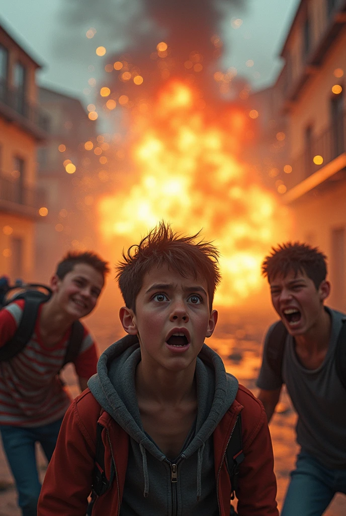 /imagine prompt: 2d, personality: [Depict a sudden loud bang with the camera shake, capturing the boys jumping in shock. Their expressions are a mixture of fear and adrenaline, glancing towards the source of the sound with terror on their faces] unreal engine, hyper real --q 2 --v 5.2 --ar 16:9