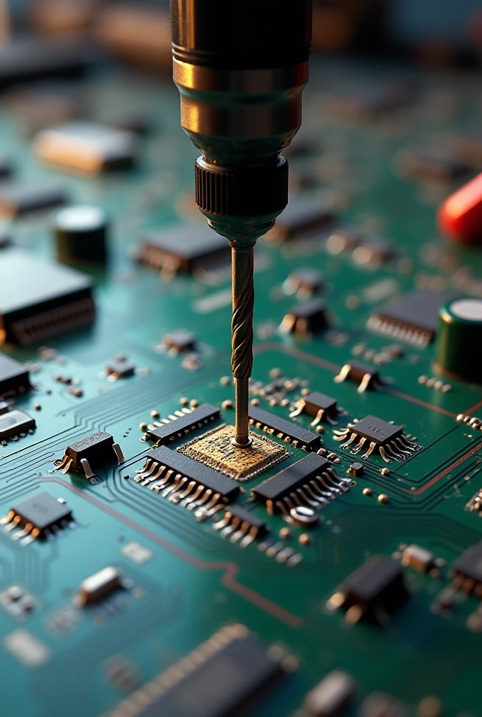 Create an image of a small drill drilling into a circuit board