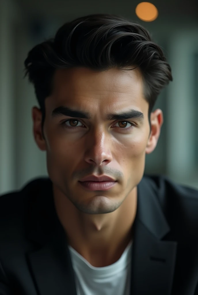 Portrait of handsome man 30 years old round face cinematic appearance