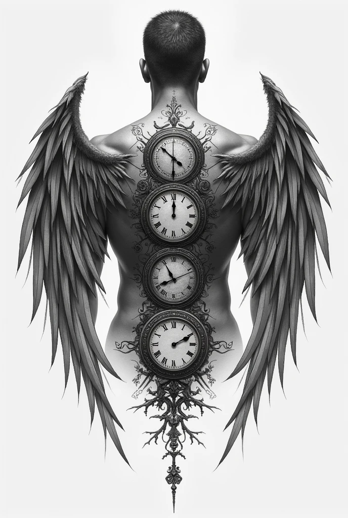 Small upper back Wing tatoo with clocks, rune words for man