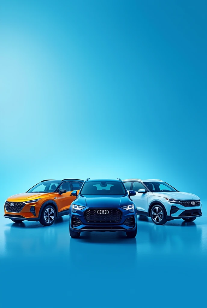promotional posts for 3 cars in one frame with blue and plain colorbackground
with logo and other information