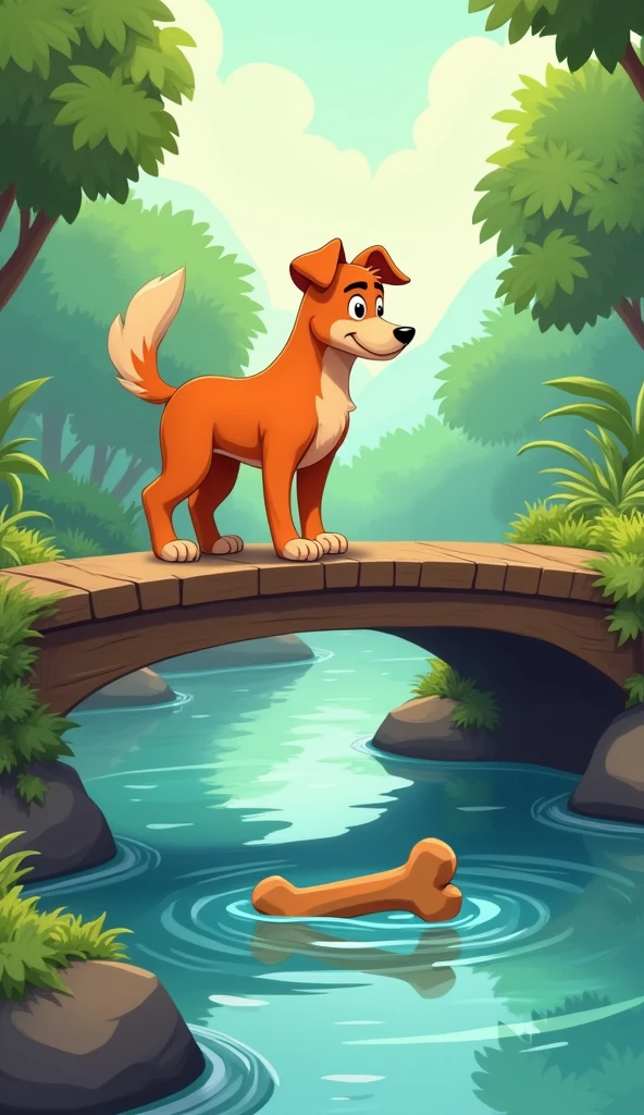 The dog is standing on the bridge, growling at his reflection in the water.
The bone fells in river and disappears into the water, leaving the dog looking down sadly at the ripples in the river.
Show the bone fell in river and dog feeling sad.
The dog is orange and should not be fat or child.
Show as cartoons