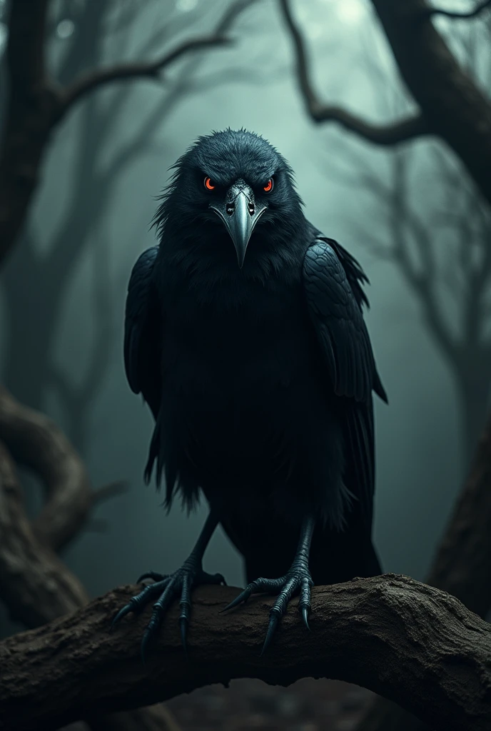 Extremely scary crow in a dark environment