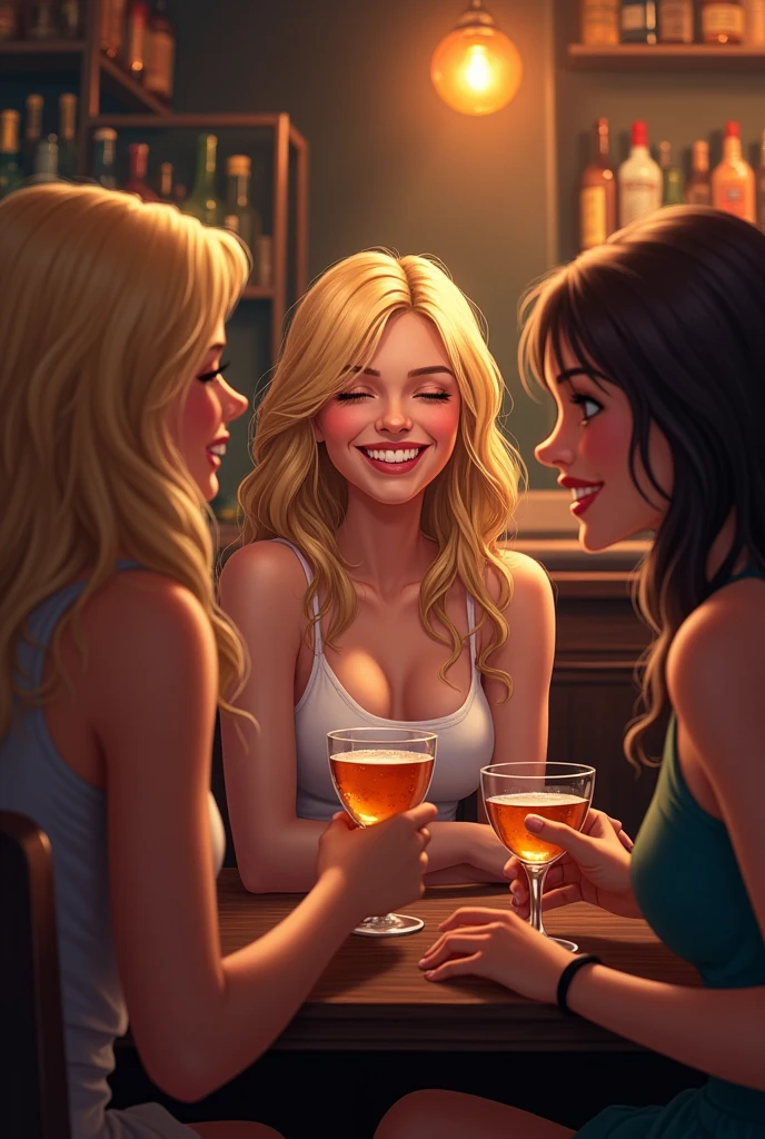 blonder woman, celebrating in a bar with 2 friends