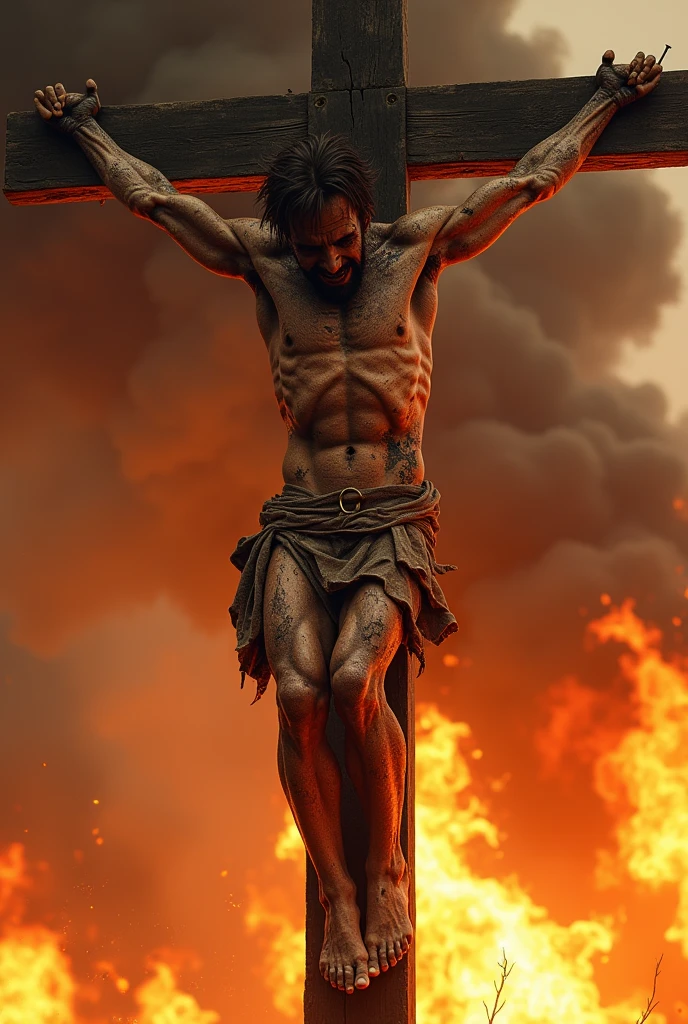 Man with burnt skin crucified on fire
