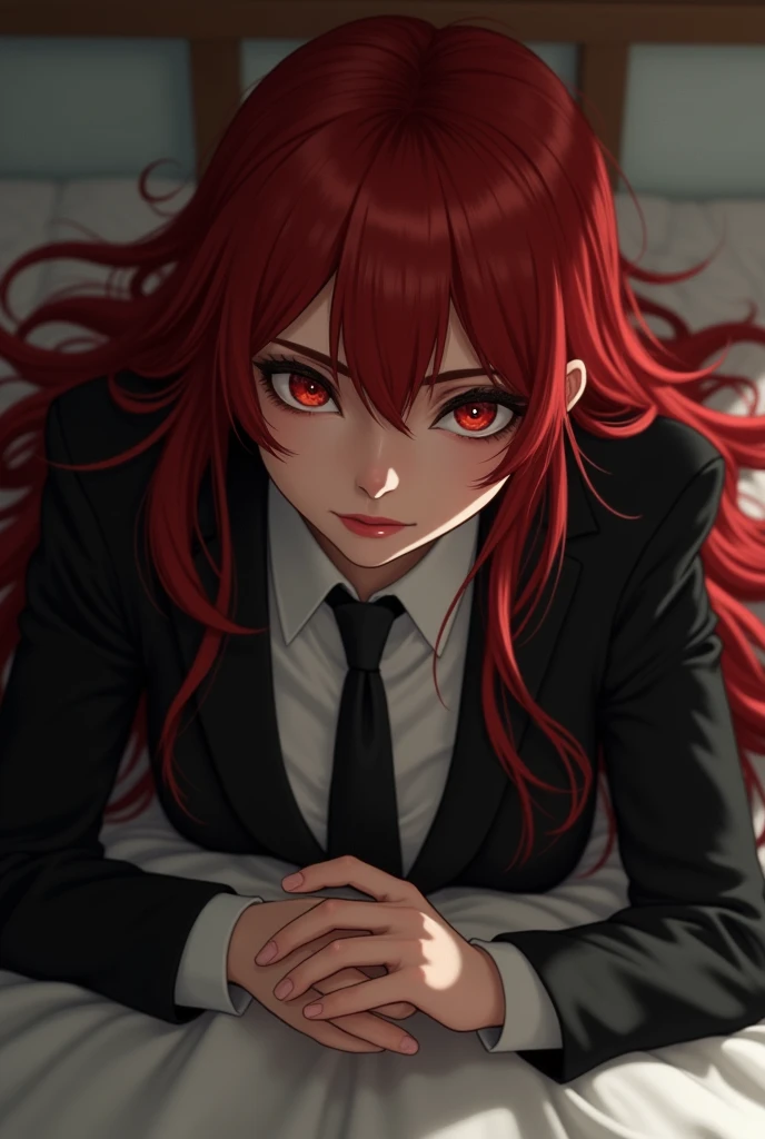 long eyelashes, solid round eyes, throw, straight hair, long hair, Red hair, big tits, eyeball, draw up, falling shadow, high detail, 8 K, super detail, accurate, Best quality, textured leather, Full body image, expressions, face, evil eyes, angry expression, above, wear stockings , In a black men's suit, on the bed, lying down