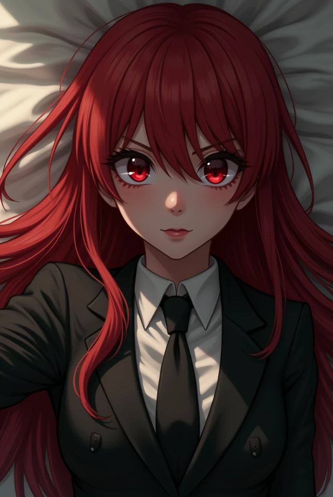 long eyelashes, solid round eyes, throw, straight hair, long hair, Red hair, big tits, eyeball, draw up, falling shadow, high detail, 8 K, super detail, accurate, Best quality, textured leather, Full body image, expressions, face, evil eyes, angry expression, above, wear stockings , In a black men's suit, on the bed, lying down