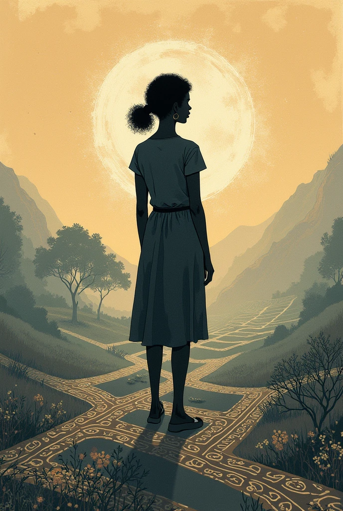 Title: "Timeline of Ponciá Vicencio: affection, Memory and Resistance"
I NEED IT TO BE JUST HER AT THE CROSSROADS IN THE MIDDLE IN PNG DRAWING BLACK WOMAN FROM BACK